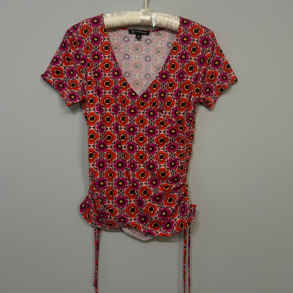 INC International Concepts Top Women M Pink Orange Floral Ruched Side